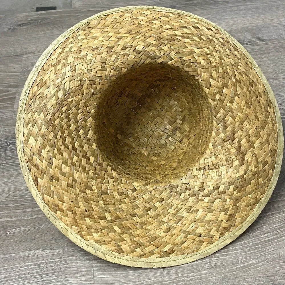 Sun Hat Wide Brim Woven Beige Straw Weave Black Ribbon‎ Band Beach Shade Outdoor